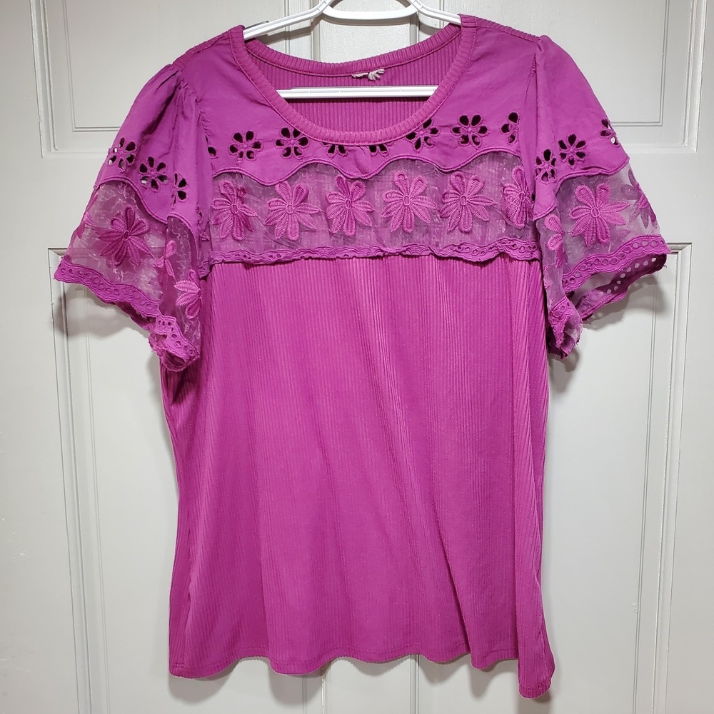 Cato Women Medium Purple Floral Lace Embroidered Short Sleeve Lightweight